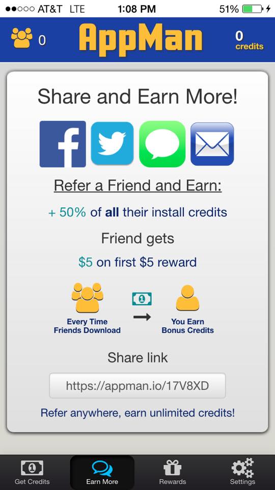 refer a friend and earn 50% of their install credits plus $5 on first $5 reward