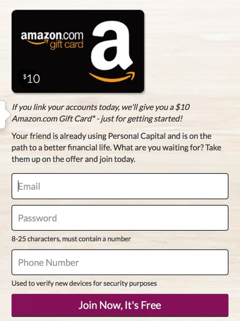 personal capital giving away a free $10 Amazon gift card