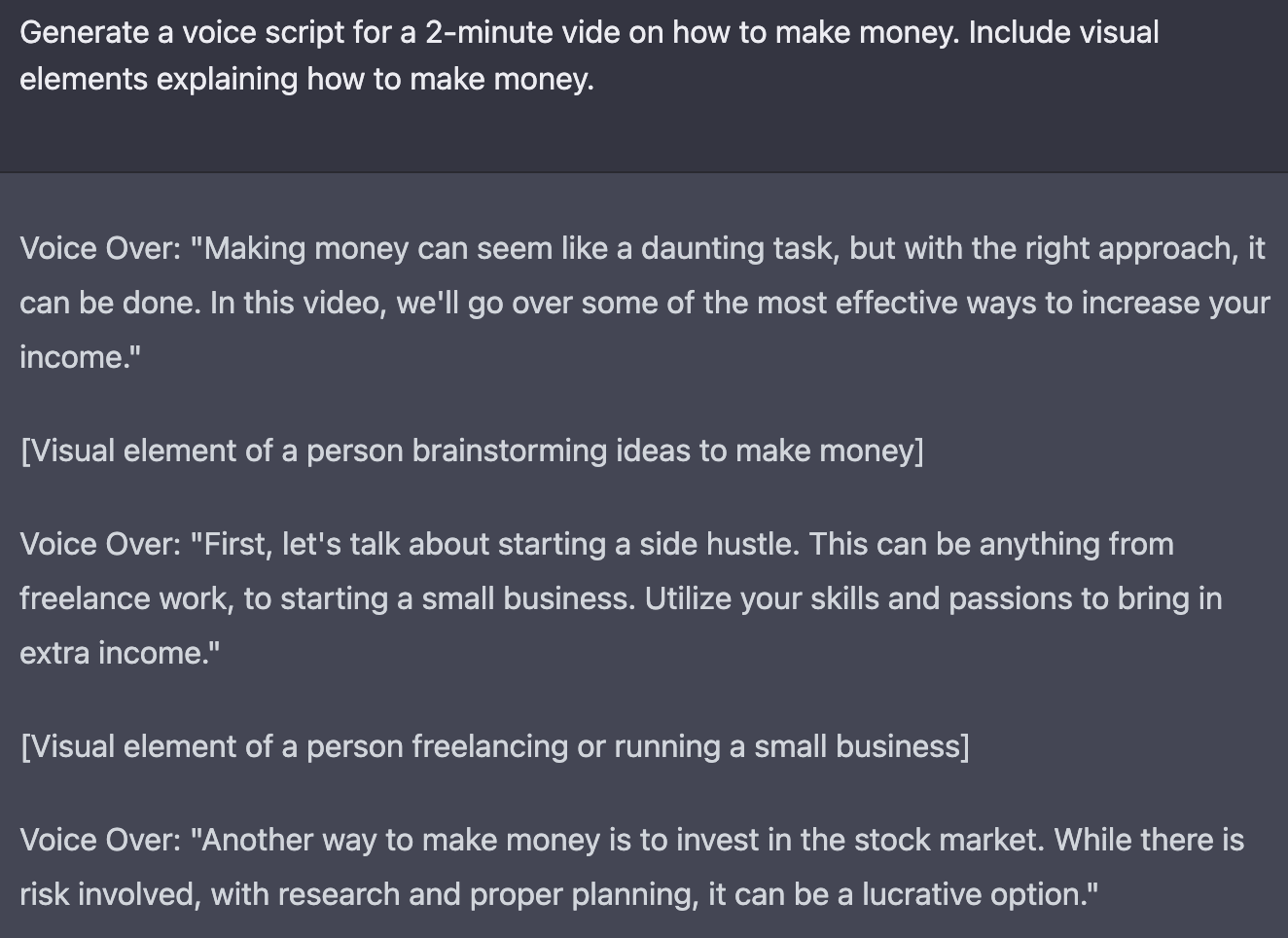 chatgpt output for a video script